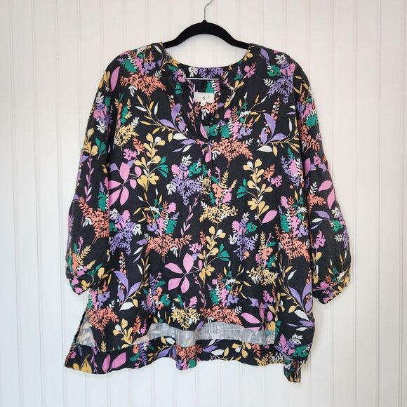 LOU & GREY Botanical Print Linen 1/4 Button Front Blouse size Large - Picture 1 of 6